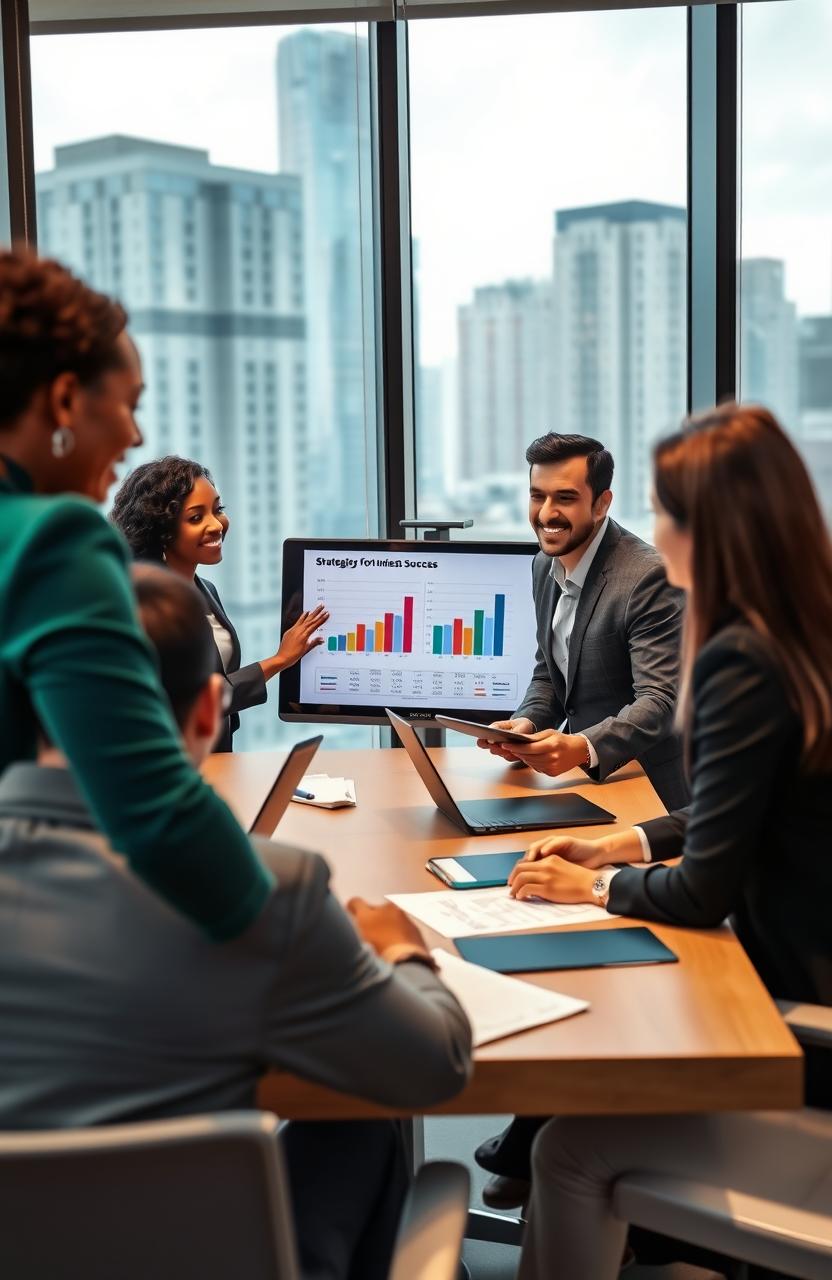 A professional business setting highlighting a diverse team in a meeting room, discussing strategies for business success