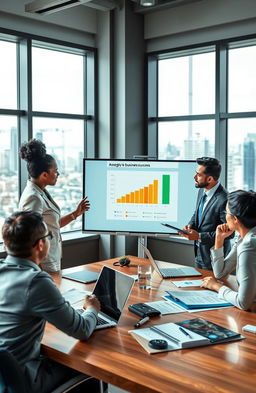 A professional business setting highlighting a diverse team in a meeting room, discussing strategies for business success