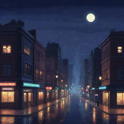 Pixel art of a tranquil midnight cityscape, bathed in the soft glow of street lights, inviting a serene, vibey ambiance.