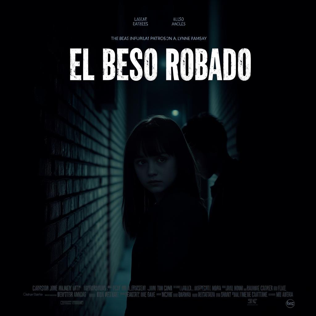 A dark, intimate movie poster evoking the style of Lynne Ramsay, featuring a teenage girl standing against a brick wall in a dimly lit street