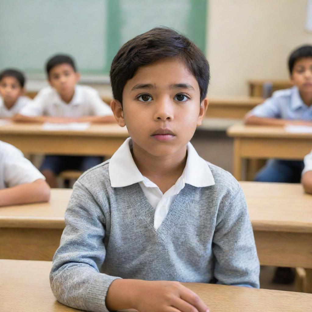 A curious yet courageous student, amidst an attentive classroom, responding sincerely to the philosophical question, expressing they cannot see or touch God.