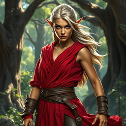 A tough and strong female wood elf monk exuding confidence and power in a magical forest setting