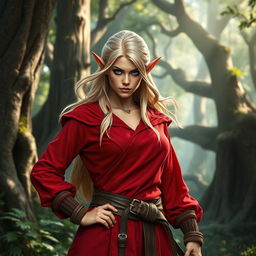 A tough and strong female wood elf monk exuding confidence and power in a magical forest setting