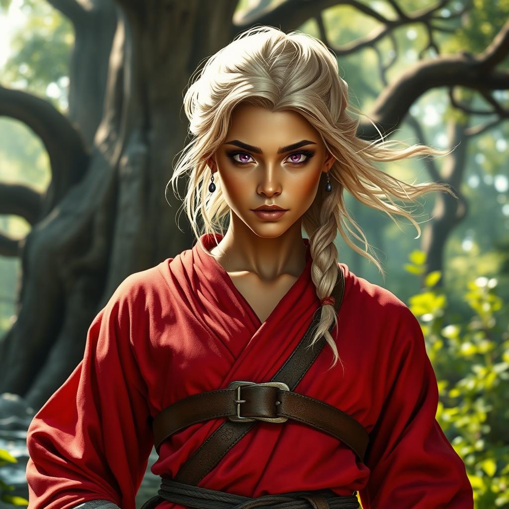 A tough and strong female wood elf monk exuding confidence and power in a magical forest setting