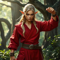 A tough and strong female wood elf monk exuding confidence and power in a magical forest setting