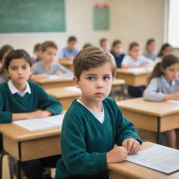 A curious yet courageous student, amidst an attentive classroom, responding sincerely to the philosophical question, expressing they cannot see or touch God.