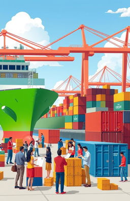 A vibrant illustration of the concept of importation, showcasing a bustling port scene with cargo ships loading goods