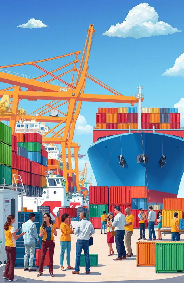 A vibrant illustration of the concept of importation, showcasing a bustling port scene with cargo ships loading goods