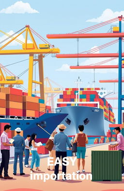 A vibrant illustration of the concept of importation, showcasing a bustling port scene with cargo ships loading goods