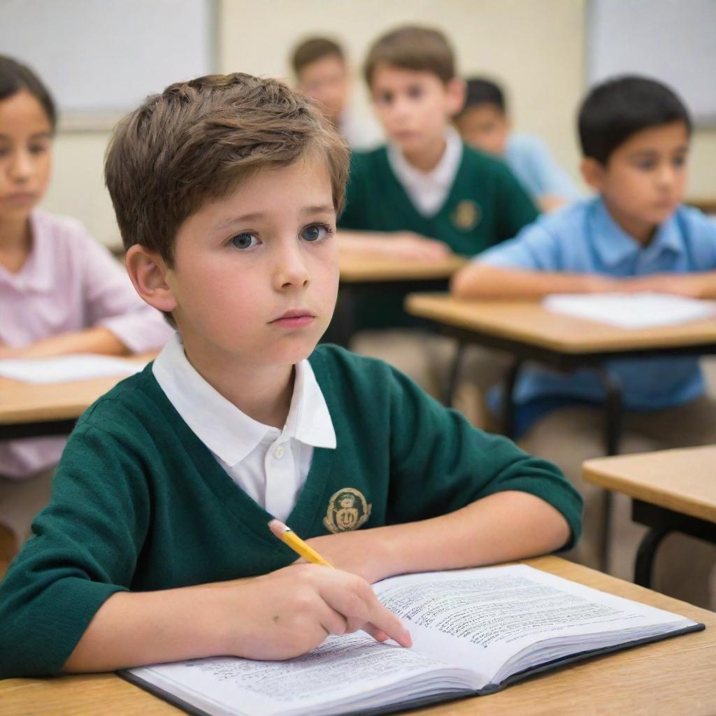 A curious yet courageous student, amidst an attentive classroom, responding sincerely to the philosophical question, expressing they cannot see or touch God.