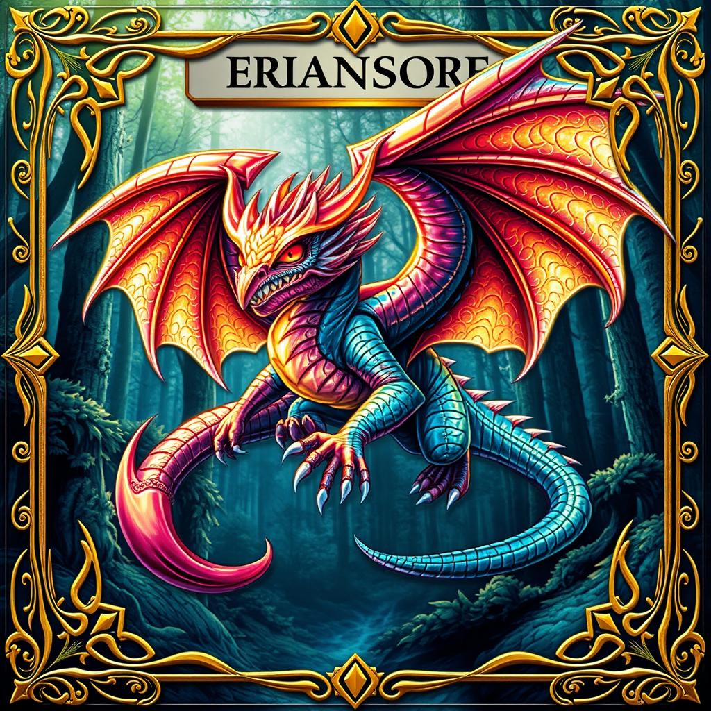 A creative design for a trading card, featuring an intricate fantasy creature with vibrant colors and detailed textures