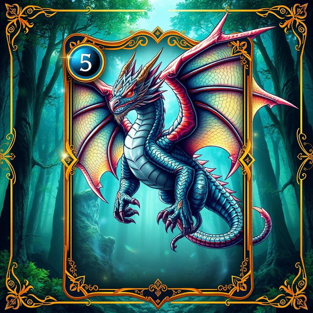 A creative design for a trading card, featuring an intricate fantasy creature with vibrant colors and detailed textures