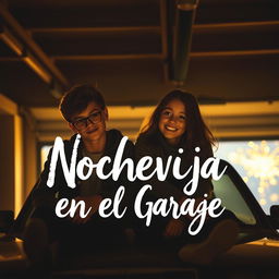 A warm, nostalgic movie poster inspired by the style of Greta Gerwig, depicting two teenagers sitting on the hood of a car in a dimly lit garage lit by warm yellow light