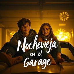 A warm, nostalgic movie poster inspired by the style of Greta Gerwig, depicting two teenagers sitting on the hood of a car in a dimly lit garage lit by warm yellow light