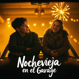 A warm, nostalgic movie poster inspired by the style of Greta Gerwig, depicting two teenagers sitting on the hood of a car in a dimly lit garage lit by warm yellow light