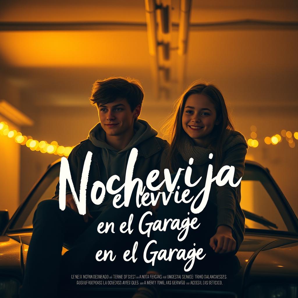 A warm, nostalgic movie poster inspired by the style of Greta Gerwig, depicting two teenagers sitting on the hood of a car in a dimly lit garage lit by warm yellow light