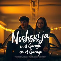 A warm, nostalgic movie poster inspired by the style of Greta Gerwig, depicting two teenagers sitting on the hood of a car in a dimly lit garage lit by warm yellow light