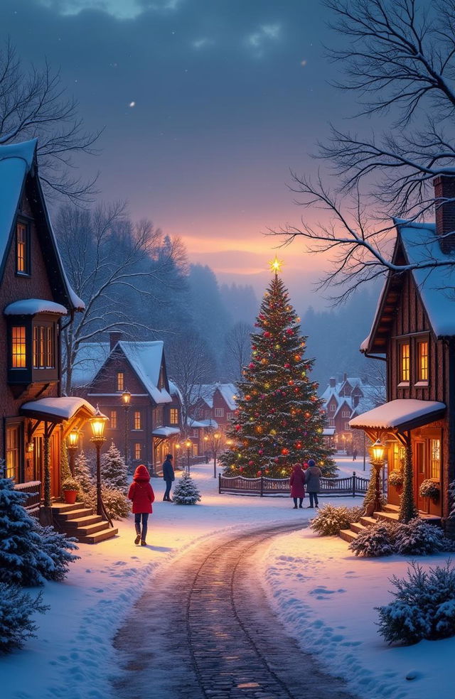 A charming small town during the Christmas holiday season at dusk, covered in a soft layer of fresh white snow