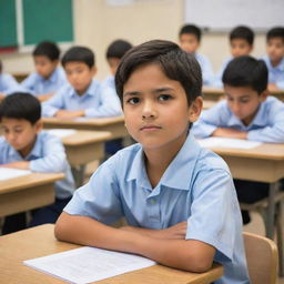 A curious yet courageous student, amidst an attentive classroom, responding sincerely to the philosophical question, expressing they cannot see or touch God.