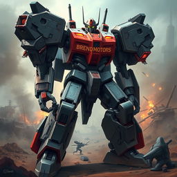 A vividly detailed depiction of a tall and powerful battle robot branded with the name 'Brend Motors'