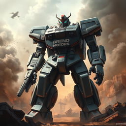 A vividly detailed depiction of a tall and powerful battle robot branded with the name 'Brend Motors'