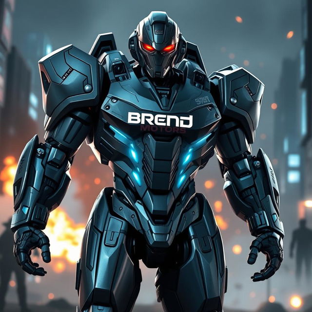 A futuristic battle robot standing proudly, showcasing the brand name 'Brend Motors' prominently on its torso