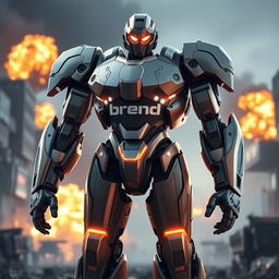 A futuristic battle robot standing proudly, showcasing the brand name 'Brend Motors' prominently on its torso