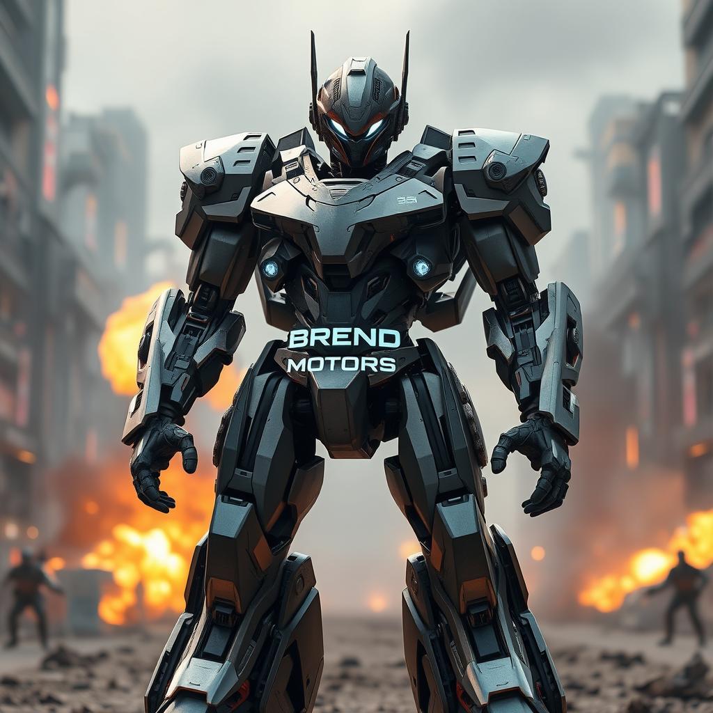 A futuristic battle robot standing proudly, showcasing the brand name 'Brend Motors' prominently on its torso