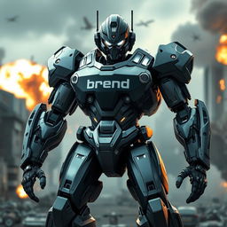 A futuristic battle robot standing proudly, showcasing the brand name 'Brend Motors' prominently on its torso