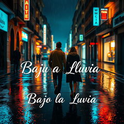 A visually striking, romantic poster inspired by the style of Richard Linklater, depicting a rainy street in Valencia at night