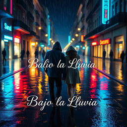 A visually striking, romantic poster inspired by the style of Richard Linklater, depicting a rainy street in Valencia at night