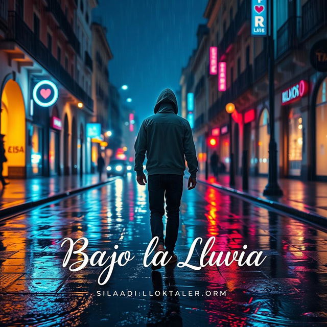 A visually striking, romantic poster inspired by the style of Richard Linklater, depicting a rainy street in Valencia at night