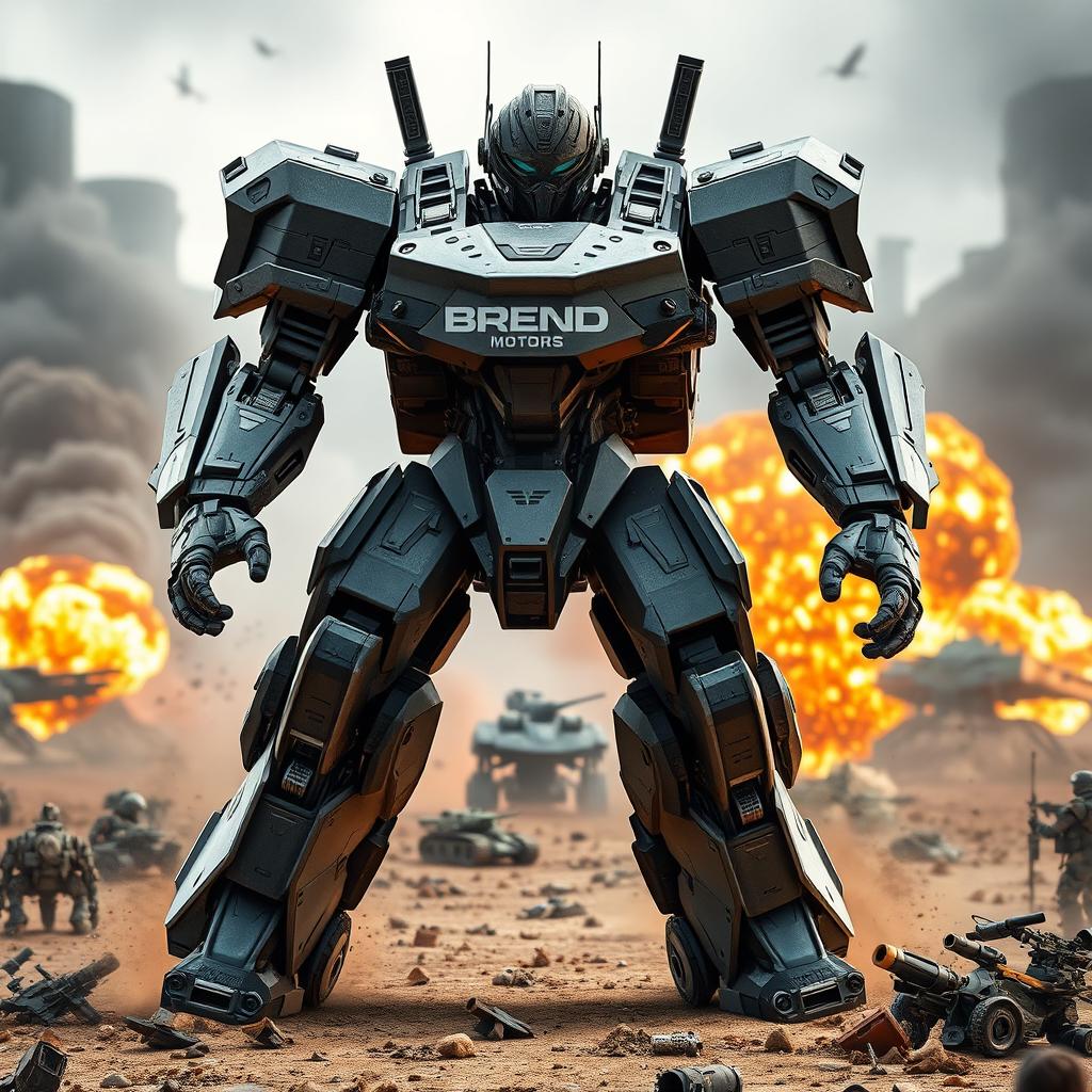 A futuristic battle robot designed for military purposes, showcasing high-tech armor plating and advanced weaponry