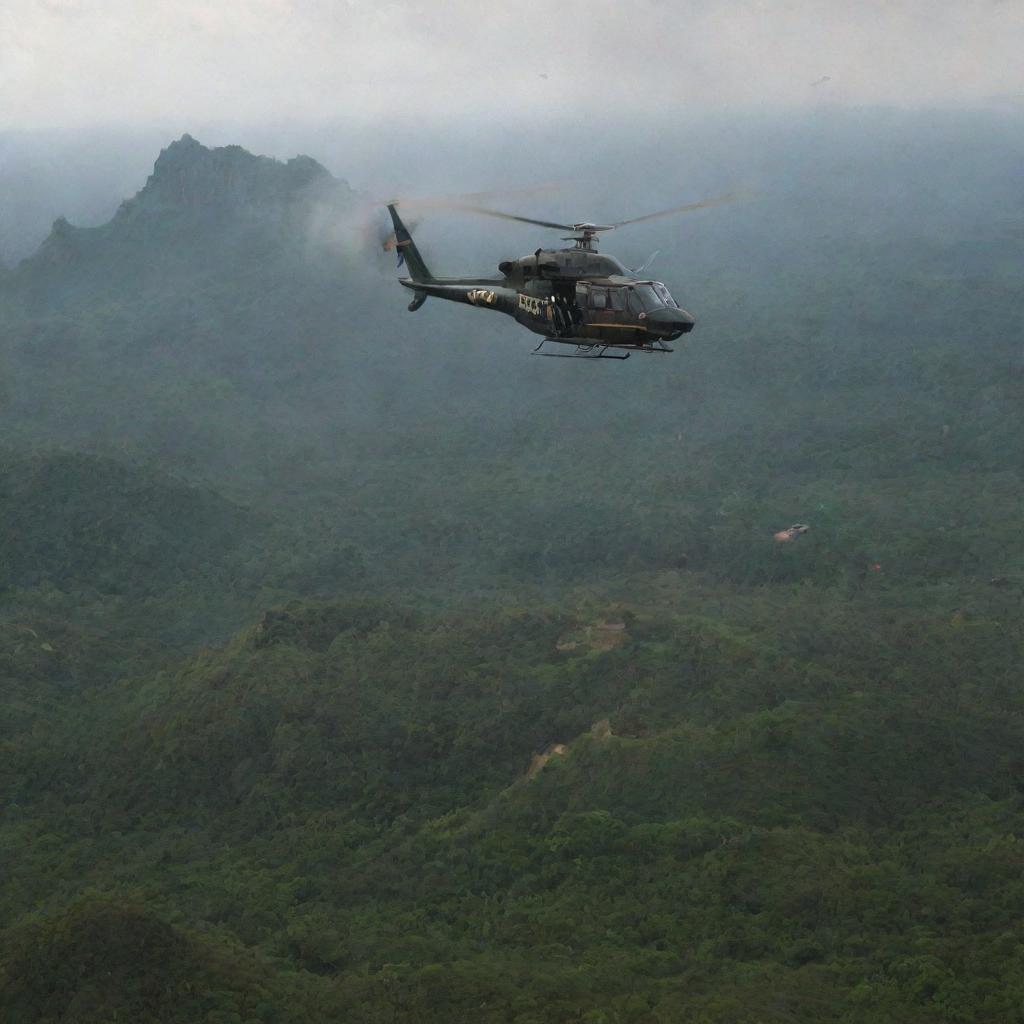 Finally, a helicopter arrives to evacuate the relieved visitors from the nightmare island. As they ascend, the sprawling landscape of the damaged Jurassic Park, along with its free-roaming dinosaurs, is visible below - a powerful reminder of their survival.