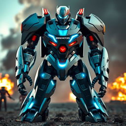 A futuristic battle robot designed by Brend Motors, featuring a sleek metallic body with sharp angles and high-tech armor