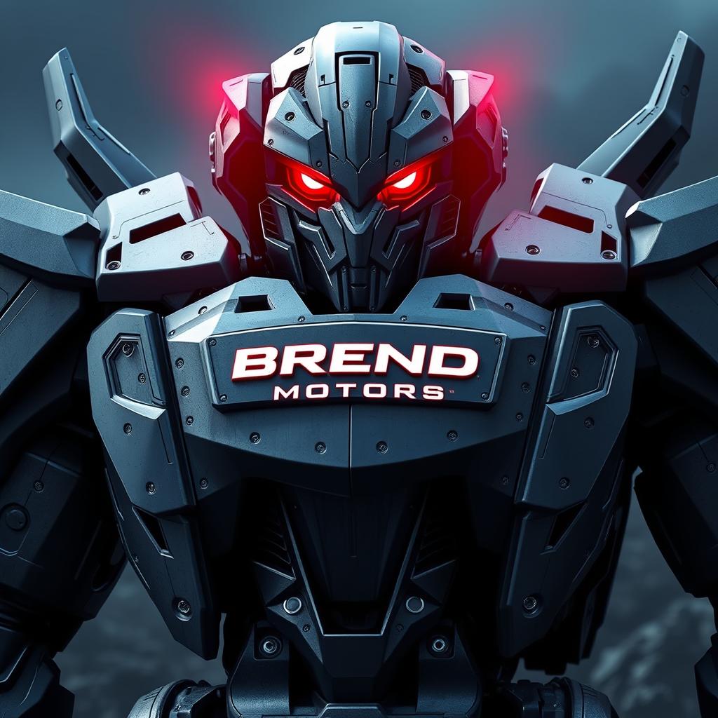 A sinister and imposing battle robot featuring striking red glowing eyes, showcasing a sleek and metallic design