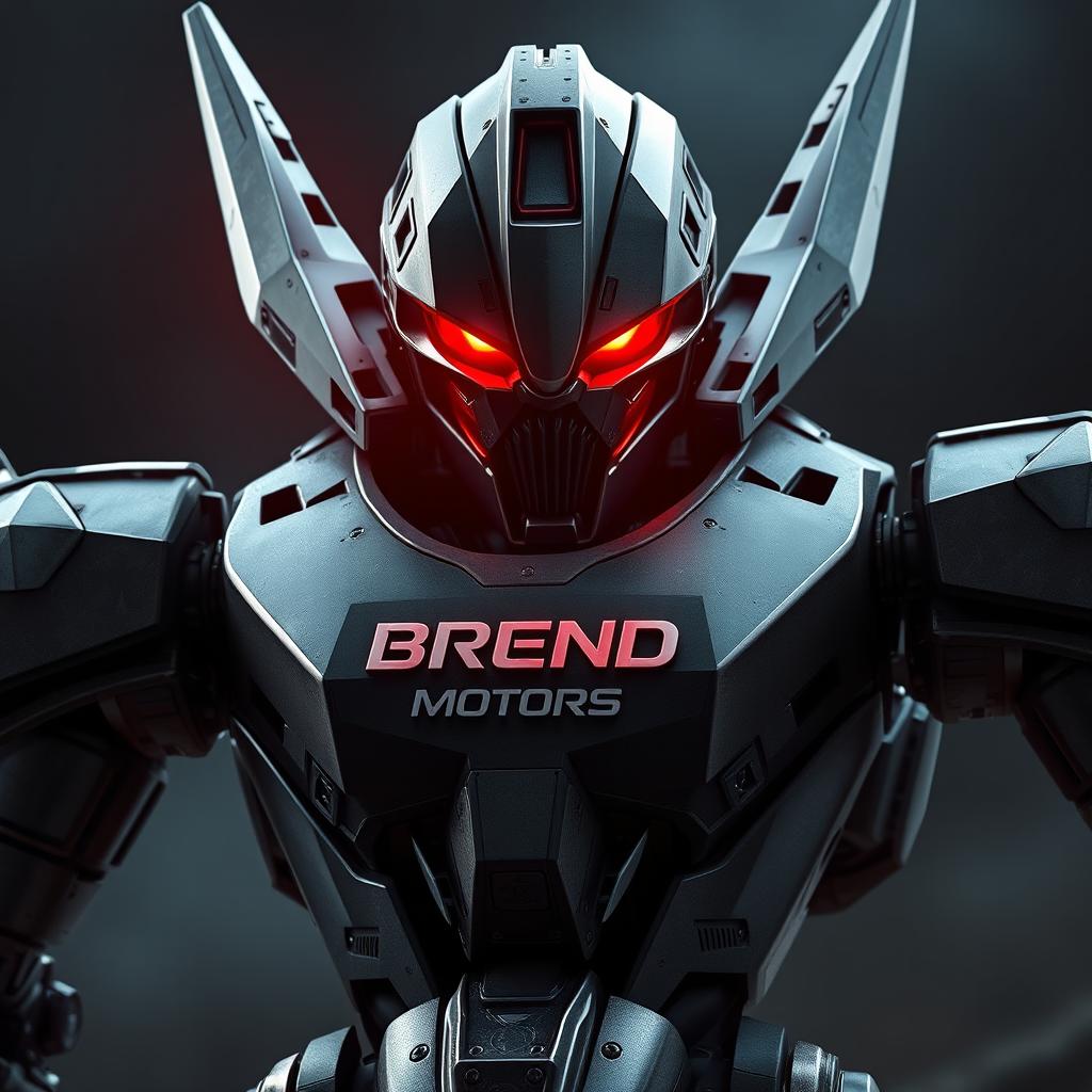 A sinister and imposing battle robot featuring striking red glowing eyes, showcasing a sleek and metallic design