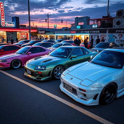 A stunning collection of Japanese Domestic Market (JDM) cars parked in an urban setting