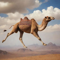 A fantastical scene of a camel in flight, soaring high in the sky against a stunning backdrop, combining the reality of its detailed features with the imagination of flight