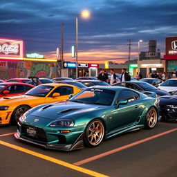 A stunning collection of Japanese Domestic Market (JDM) cars parked in an urban setting