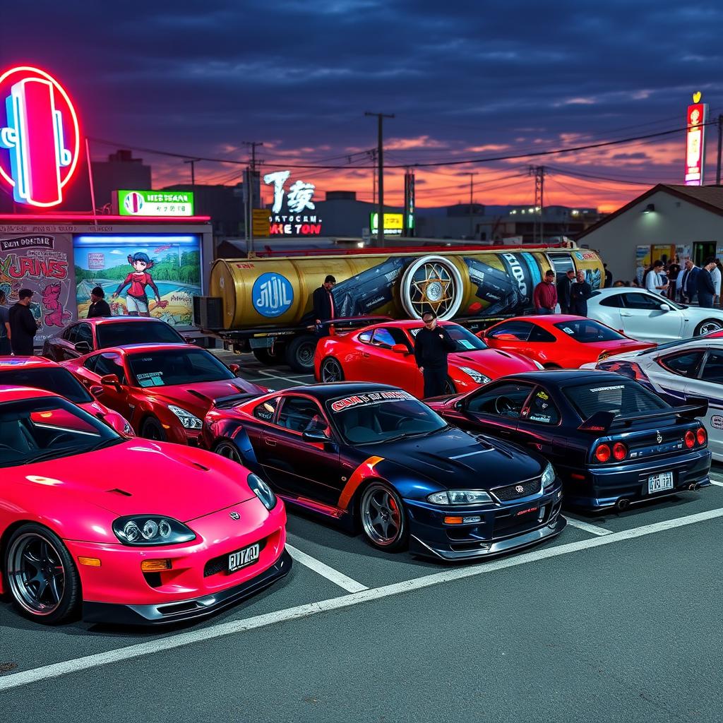 A stunning collection of Japanese Domestic Market (JDM) cars parked in an urban setting