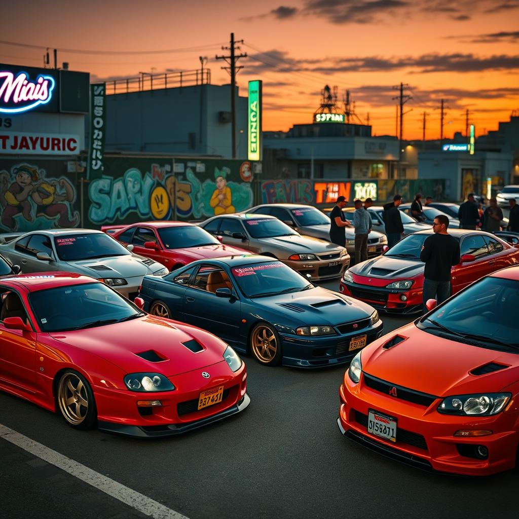 A stunning collection of Japanese Domestic Market (JDM) cars parked in an urban setting