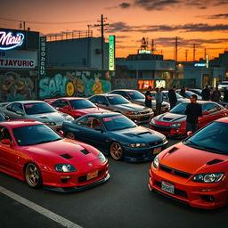 A stunning collection of Japanese Domestic Market (JDM) cars parked in an urban setting