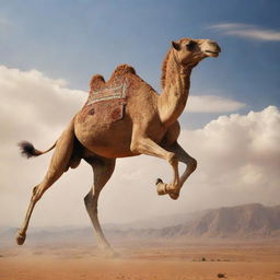 A fantastical scene of a camel in flight, soaring high in the sky against a stunning backdrop, combining the reality of its detailed features with the imagination of flight