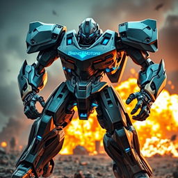 A futuristic battle robot branded with the name 'Brend Motors', standing in a dynamic fighting pose