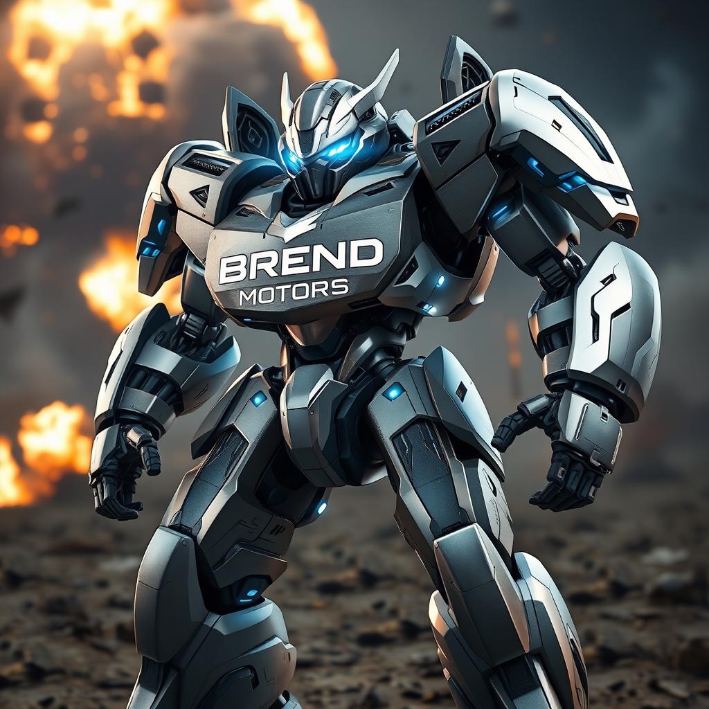 A futuristic battle robot branded with the name 'Brend Motors', standing in a dynamic fighting pose