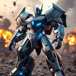 A futuristic battle robot branded with the name 'Brend Motors', standing in a dynamic fighting pose