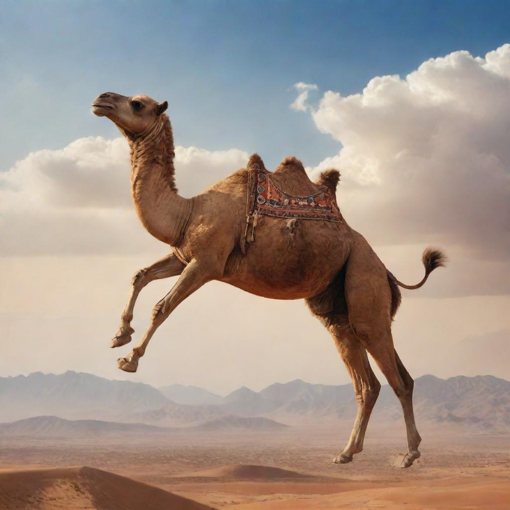 A fantastical scene of a camel in flight, soaring high in the sky against a stunning backdrop, combining the reality of its detailed features with the imagination of flight