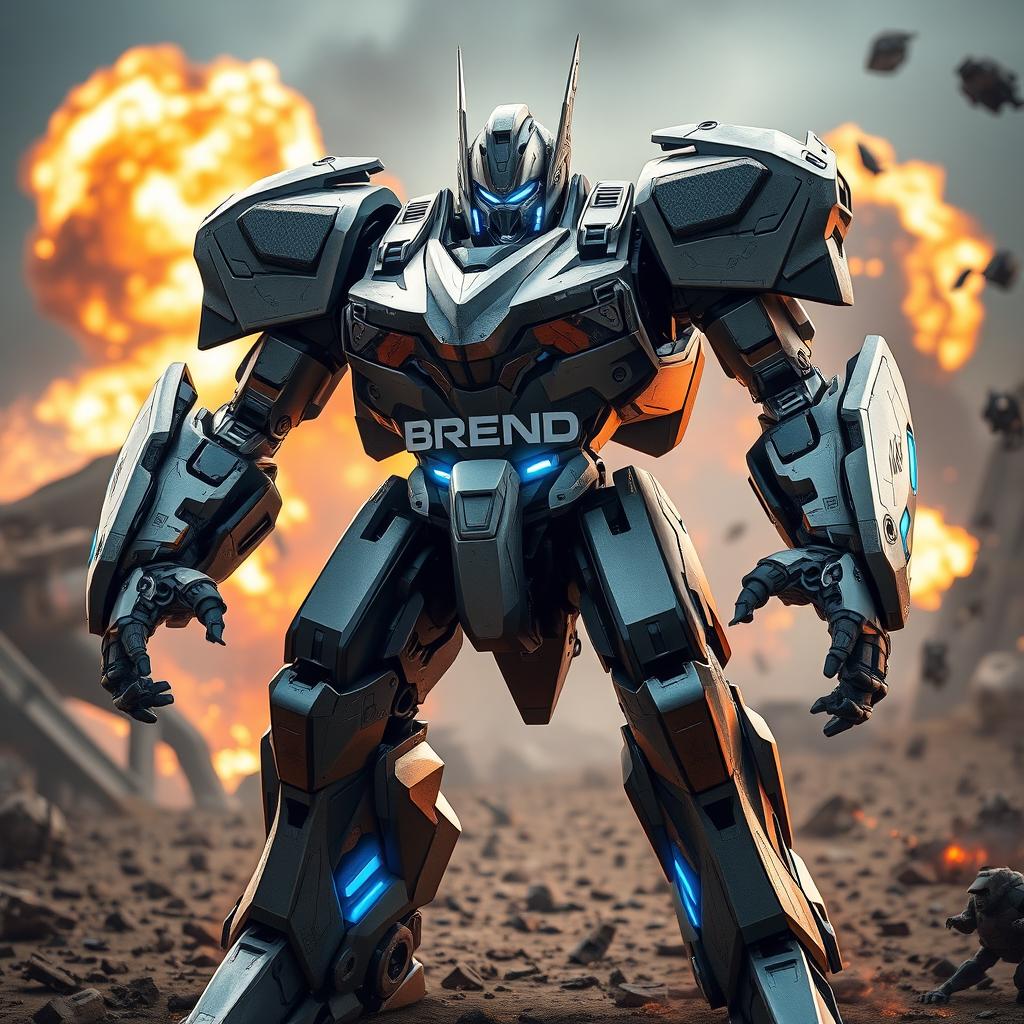 A futuristic battle robot branded with the name 'Brend Motors', standing in a dynamic fighting pose