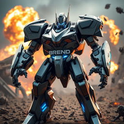 A futuristic battle robot branded with the name 'Brend Motors', standing in a dynamic fighting pose